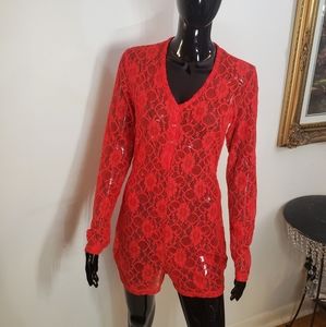 Red Lace Long Sleeve Romper Sz L Stretchy Material